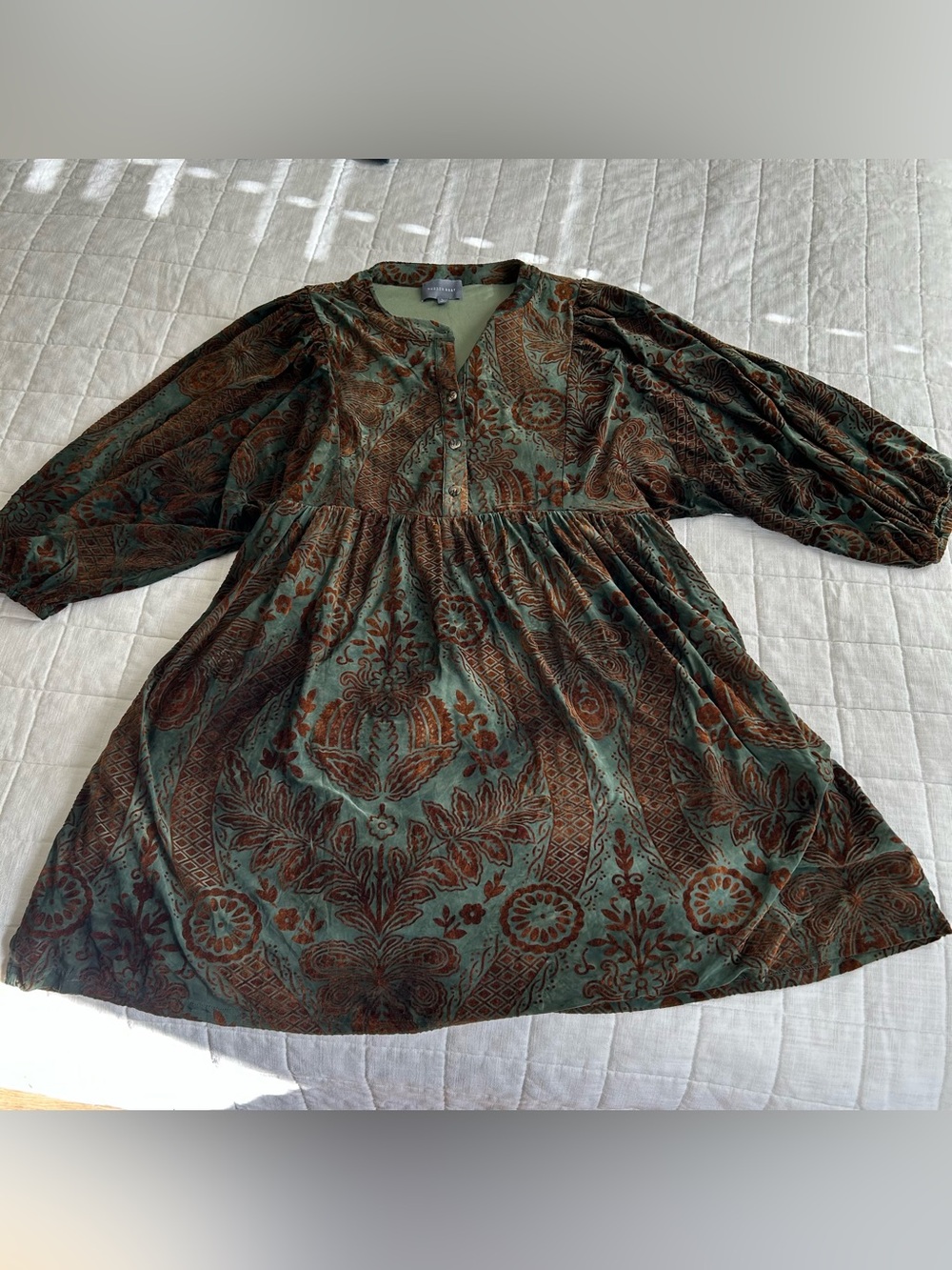 Hudson Gray Velvet Paisley Tunic Dress in Deep Green and Rust